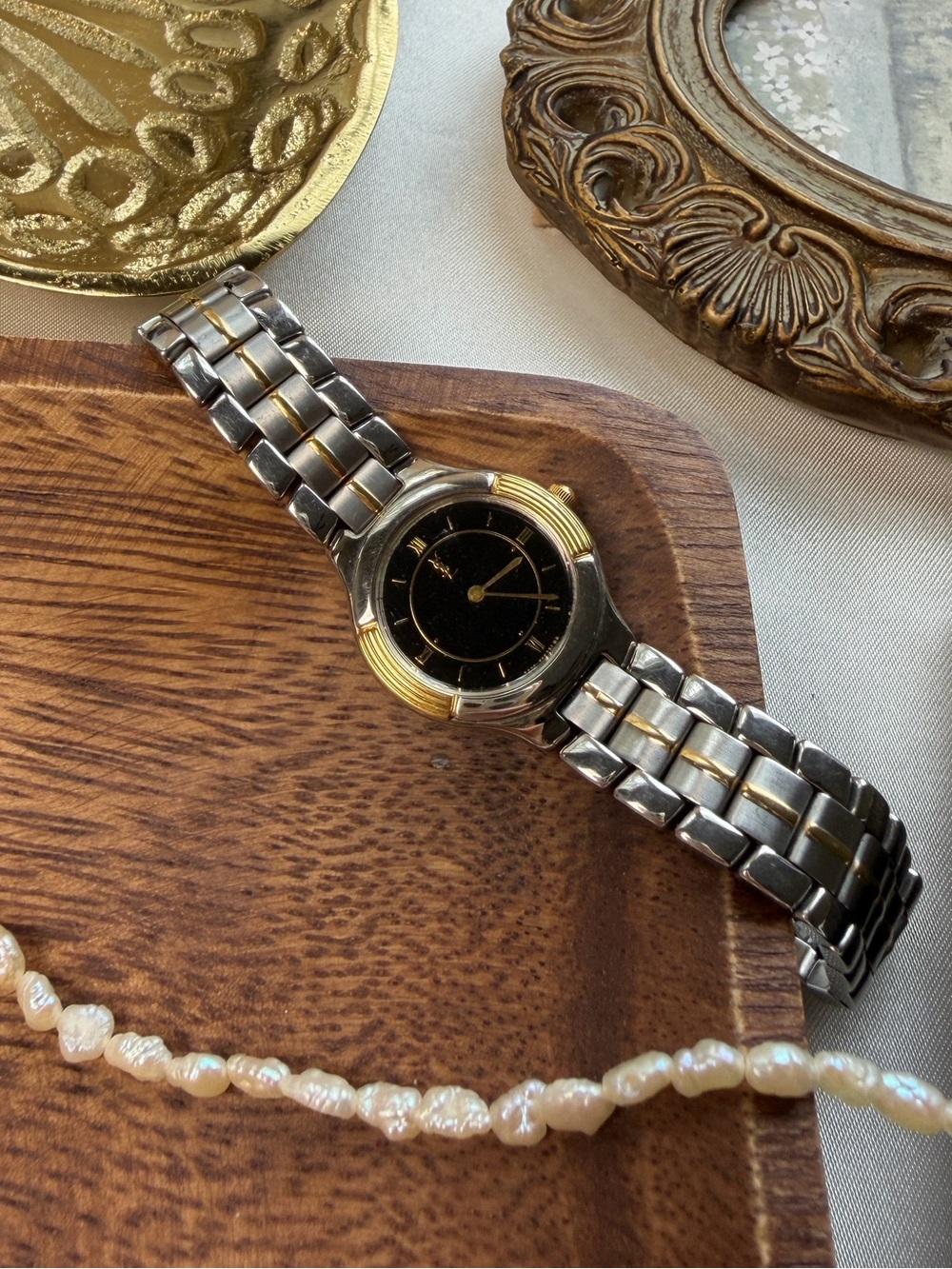 YSL Two-Tone Stainless Steel Dress Watch with Black Dial